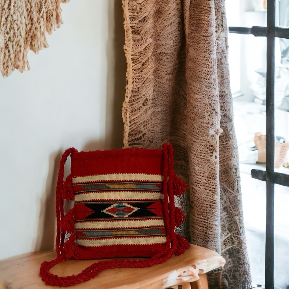 Handmade Serbian Woven Wool Crossbody bag in Red Buklija Stripes